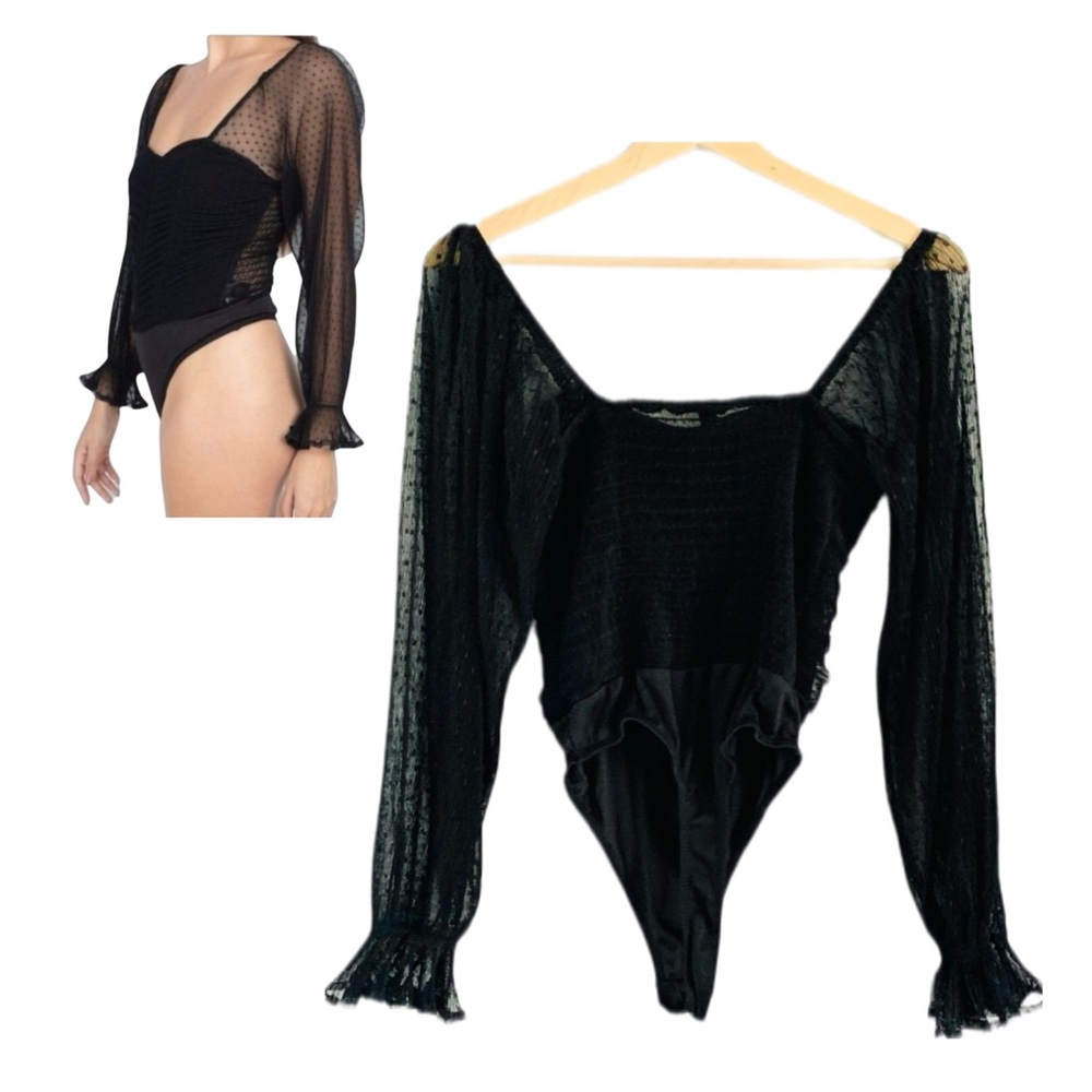 Whimsygoth Black Bodysuit Ruched Bodice Long Lace Sleeves Square Neck Small
